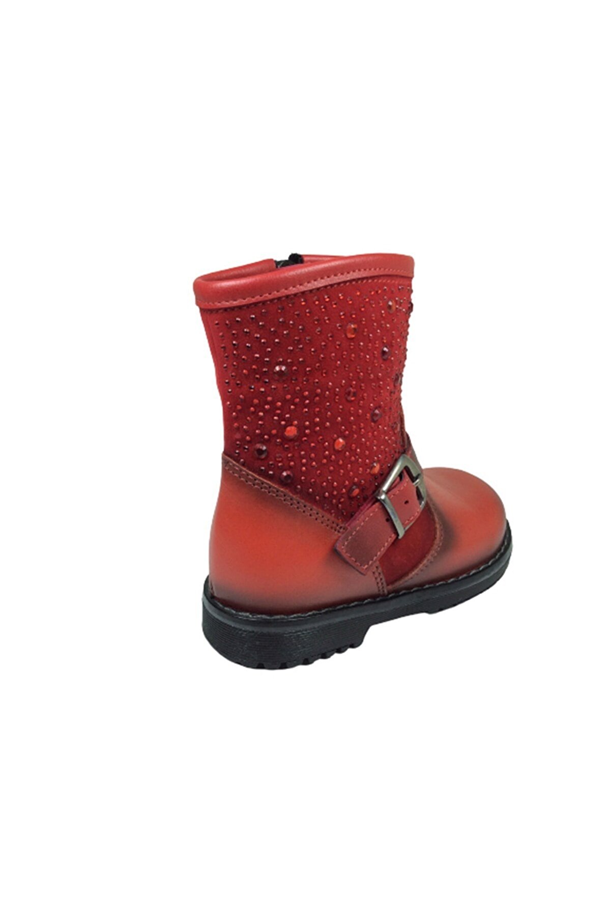 Kız Çocuk Kırmızı Taşlı Tokalı Fermuarlı Deri̇ Anatomi̇k Bot