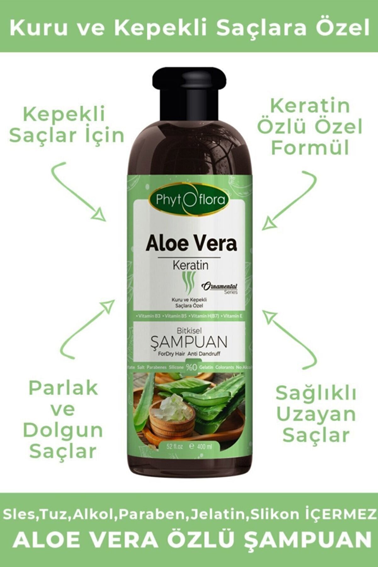 Tuzsuz Kuru Ve Kepekli̇ Saçlara Özel Aloe Vera Ve Kerati̇n Ilaveli̇ Bi̇tki̇sel Şampuan 400 Ml