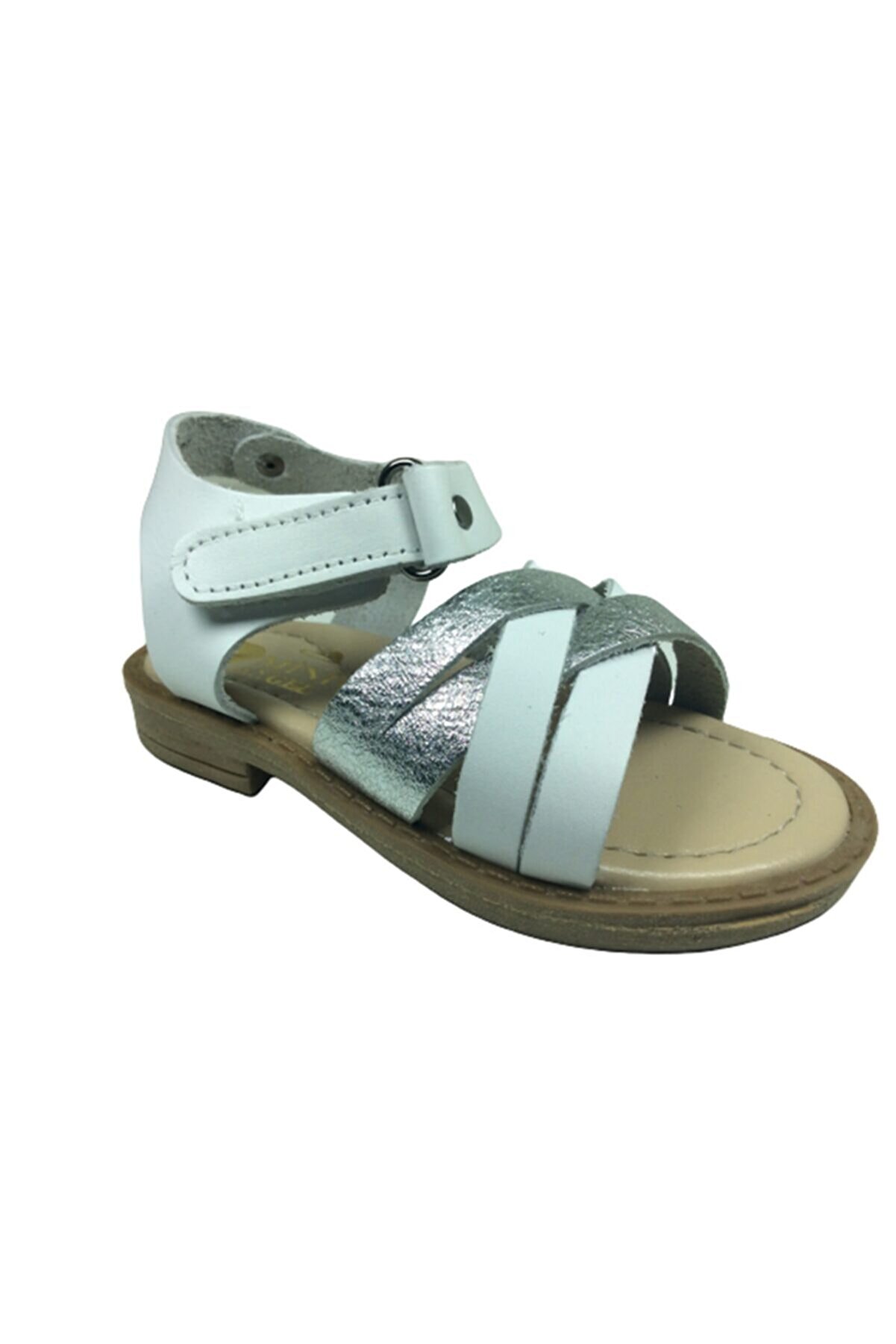 Bebe Kız Çocuk Sandalet  Beyaz Gümüş Önü Çapraz Atkılı Bi̇lekten Cırtlı Deri̇ Ht Taban
