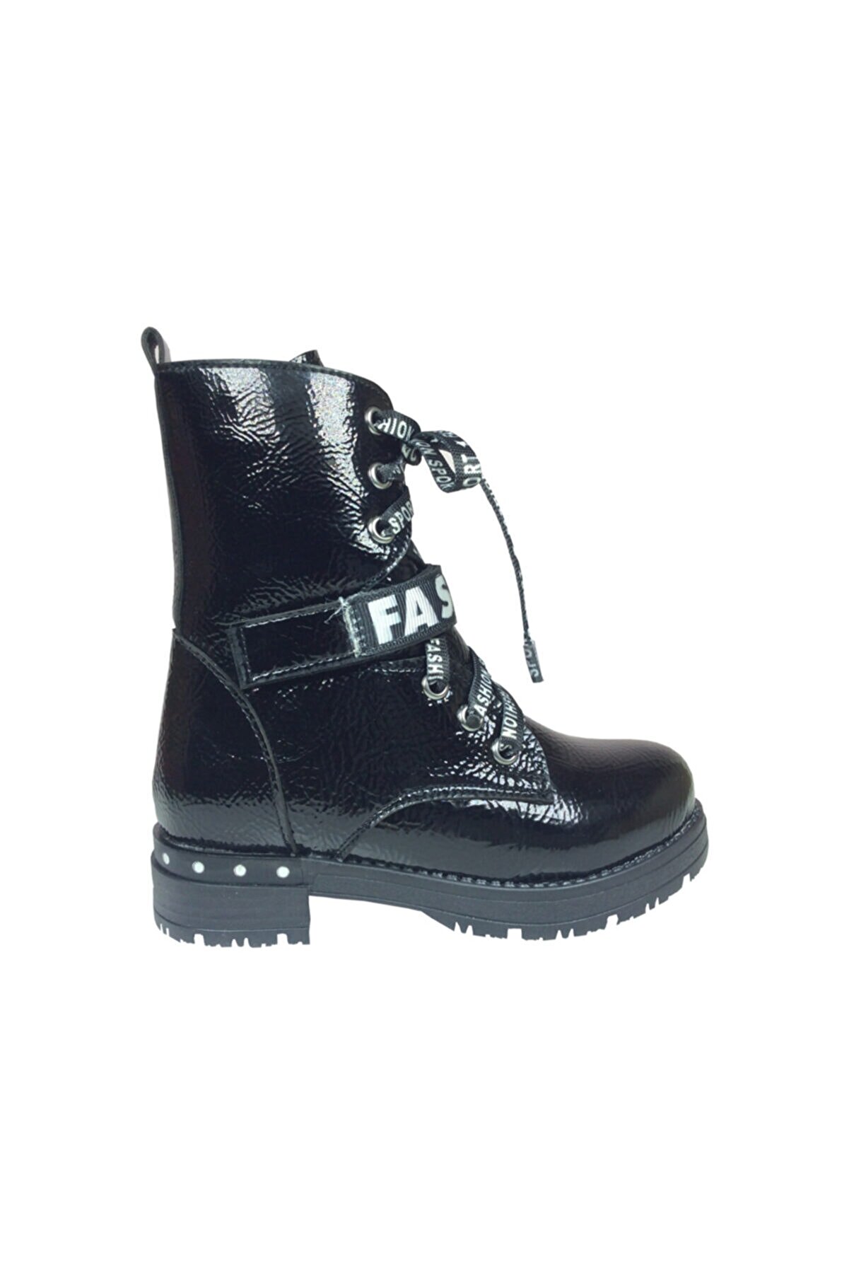 grafen Ortopedikal Patik Kız Çocuk Bot Siyah Rugan Taşlı Bağcıklı Yanı Fermuarlı