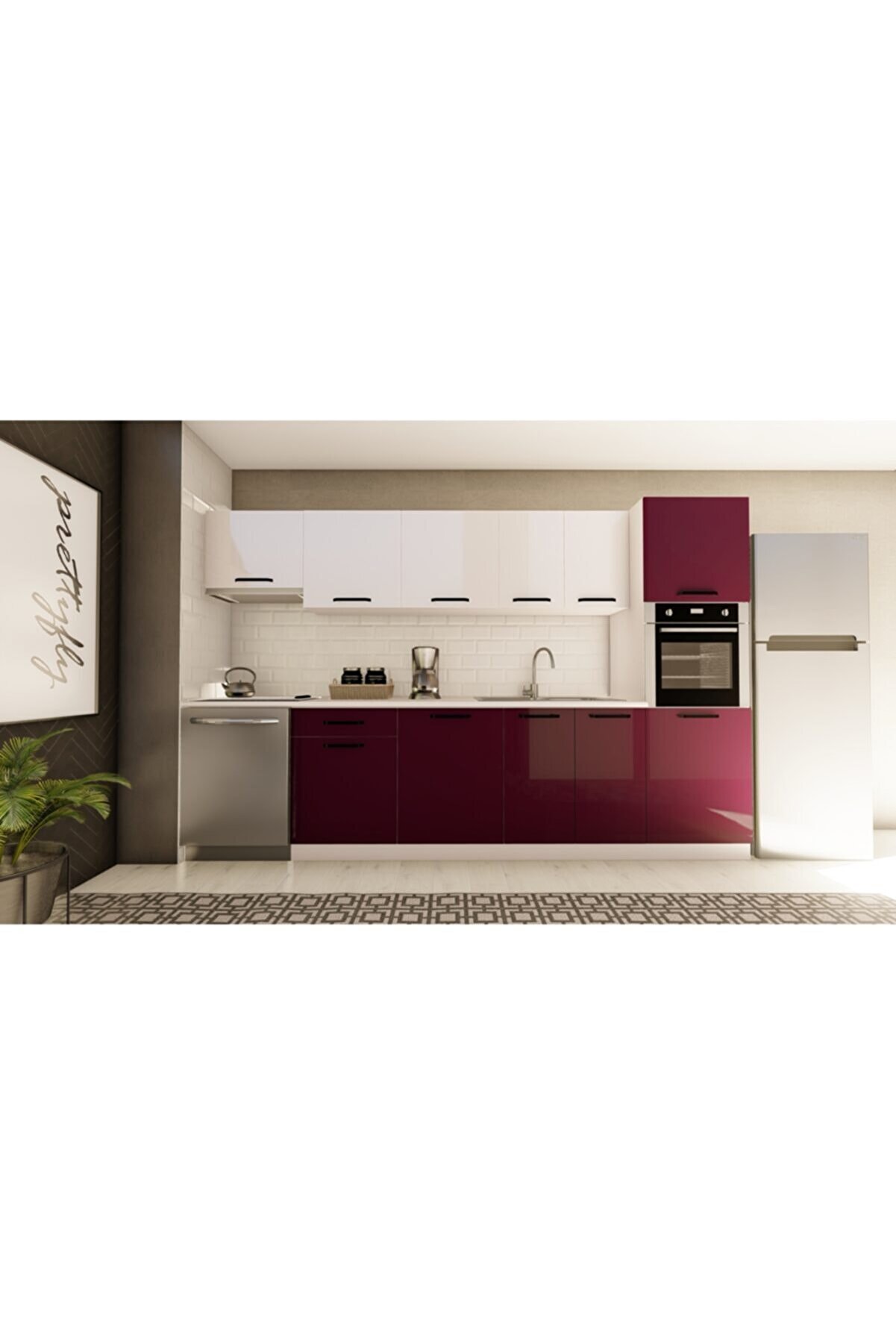 Vi̇sasconcept 320 Cm &Ccedil;i̇ğdem Hazır Mutfak Dolabı Aspi̇rat&ouml;r Ve Ankastre Ki̇ler Mod&uuml;ll&uuml; Parlak M&uuml;rd&uuml;m(Tezgah Dahi̇l)