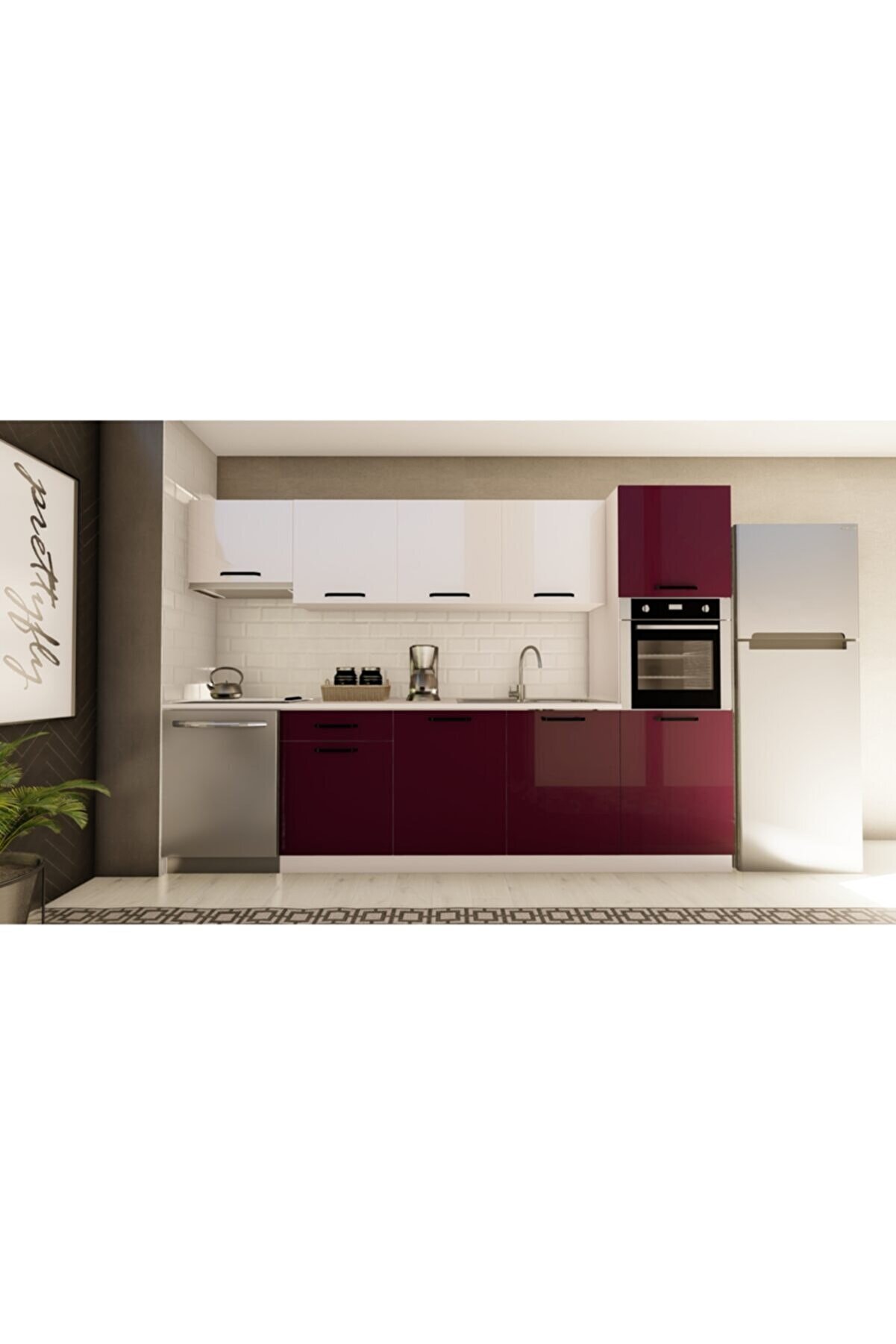 Vi̇sasconcept 300Cm Orki̇de Hazır Mutfak Dolabı Aspi̇rat&ouml;r Ve Ankastre Ki̇ler Mod&uuml;ll&uuml; Parlak Beyaz Ve M&uuml;rd&uuml;m