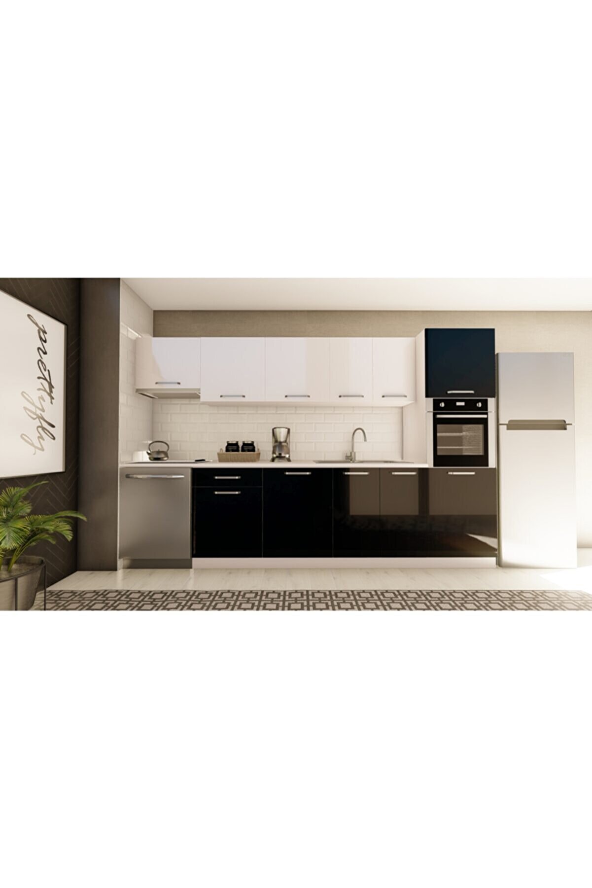 Vi̇sasconcept 320 Cm Şi̇mal Hazır Mutfak Dolabı Aspi̇rat&ouml;r Ve Ankastre Ki̇ler Mod&uuml;ll&uuml; Parlak Beyaz Ve Si̇yah