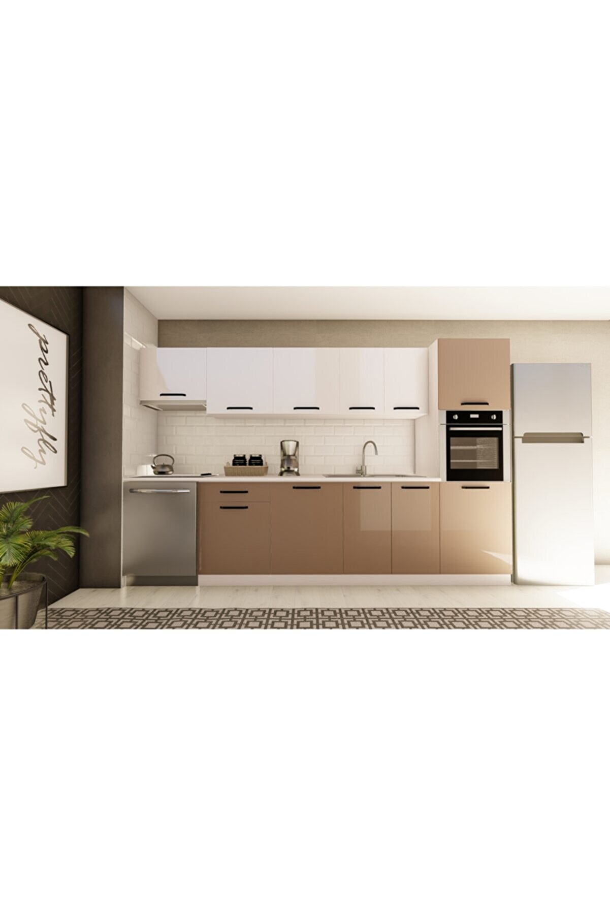 Vi̇sasconcept 320 Cm  Hazır Mutfak Dolabı Aspi̇rat&ouml;r Ve Ankastre Ki̇ler Mod&uuml;ll&uuml; Parlak Beyaz Ve Cappuccıno