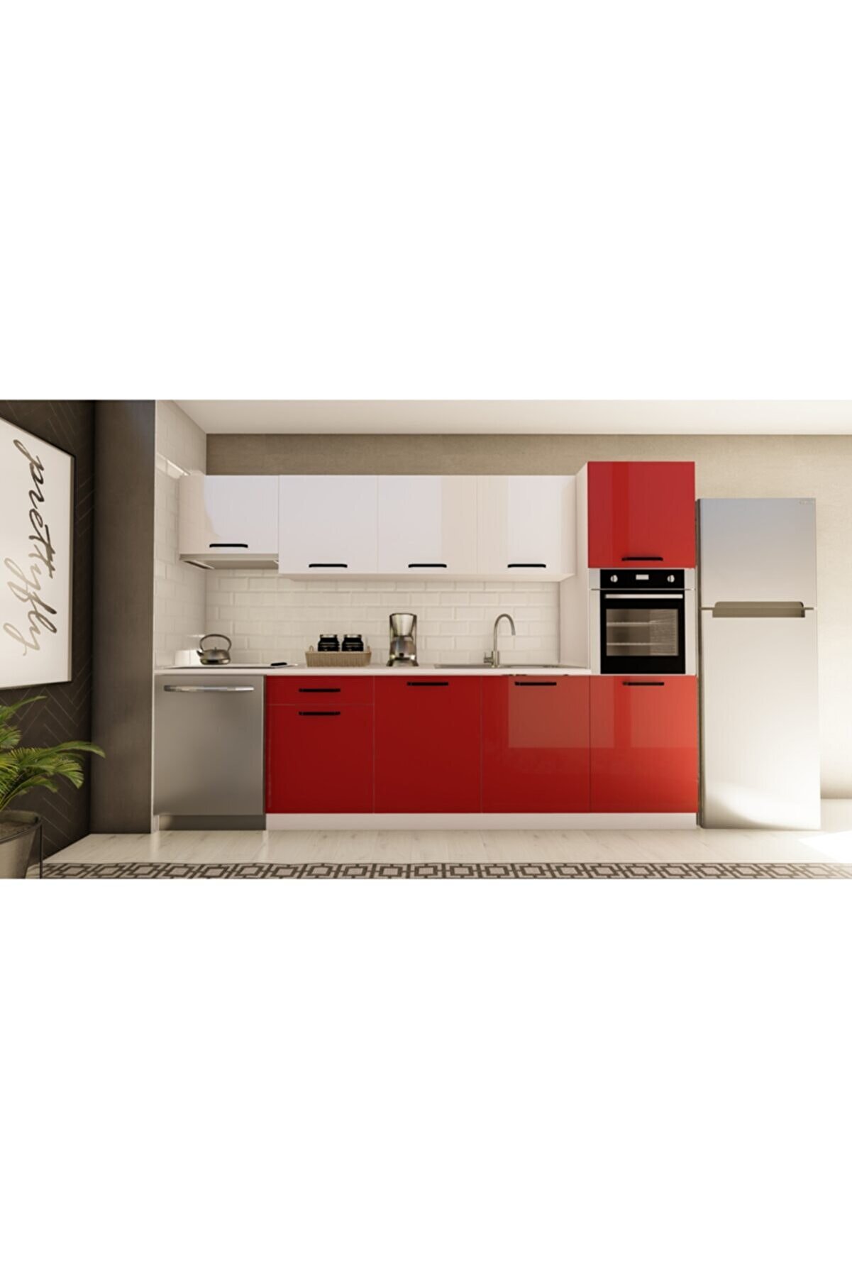 Vi̇sasconcept 300 Cm Karanfi̇l Hazır Mutfak Dolabı Aspi̇rat&ouml;r Ve Ankastre Ki̇ler Mod&uuml;ll&uuml; Parlak Beyaz Ve Kırmızı