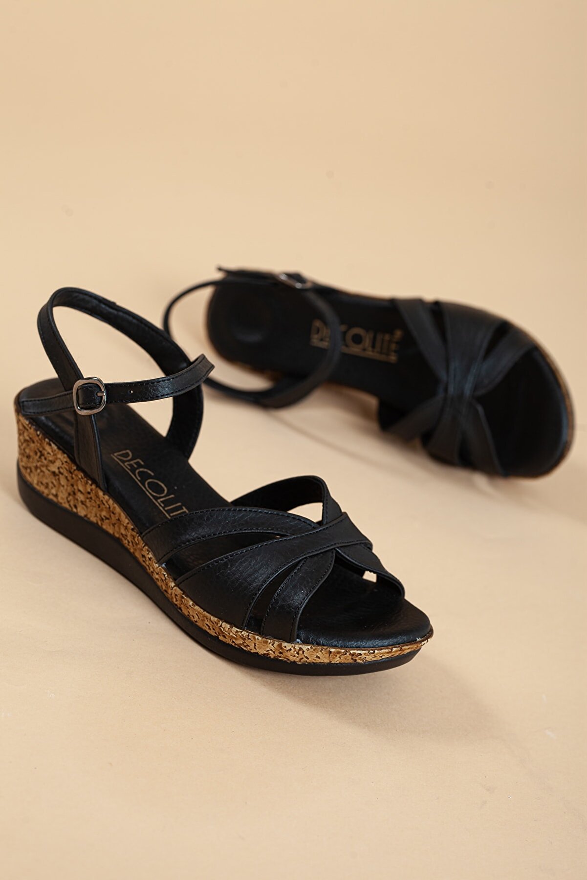 Gult Kadın Platform Topuklu Sandalet Üç Bant Si̇yah