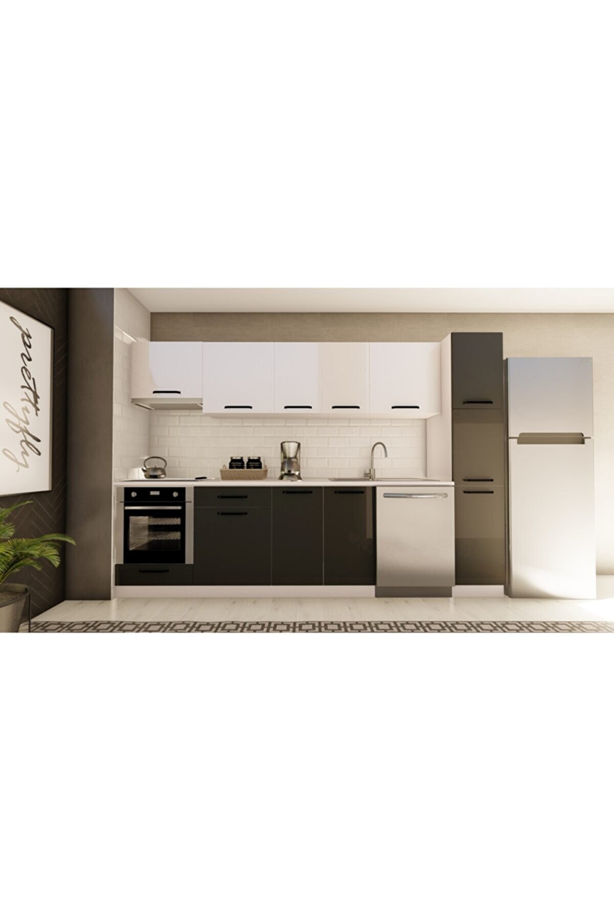 Vi̇sasconcept 300 Cm Ay&ccedil;a Hazır Mutfak Dolabı Aspi̇rat&ouml;r, Ankastre Ve Ki̇ler Mod&uuml;ll&uuml; Parlak Beyaz Ve Antrasi̇t