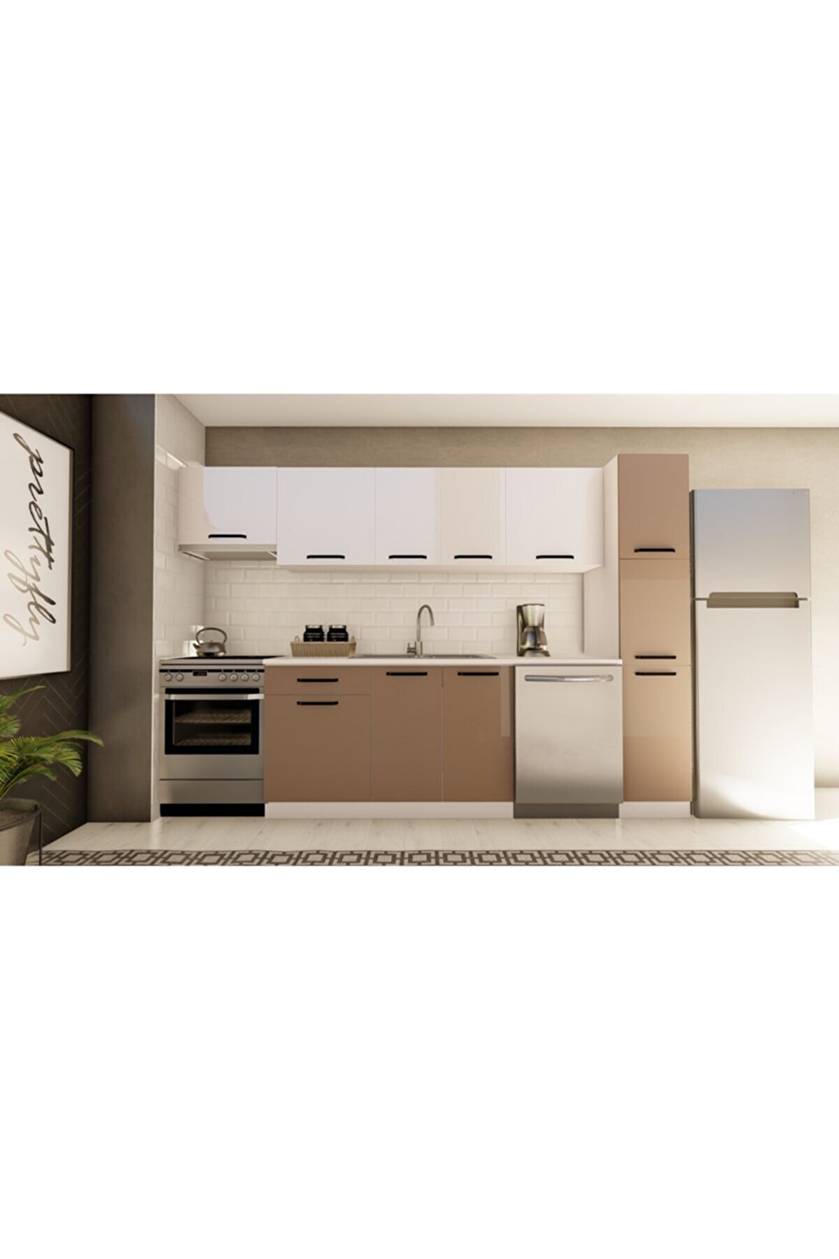 Vi̇sasconcept 300 Cm Almi̇ra Hazır Mutfak Dolabı Aspi̇rat&ouml;r, Ankastre Ve Ki̇ler Mod&uuml;ll&uuml; Parlak Beyaz Ve Cappucci̇no