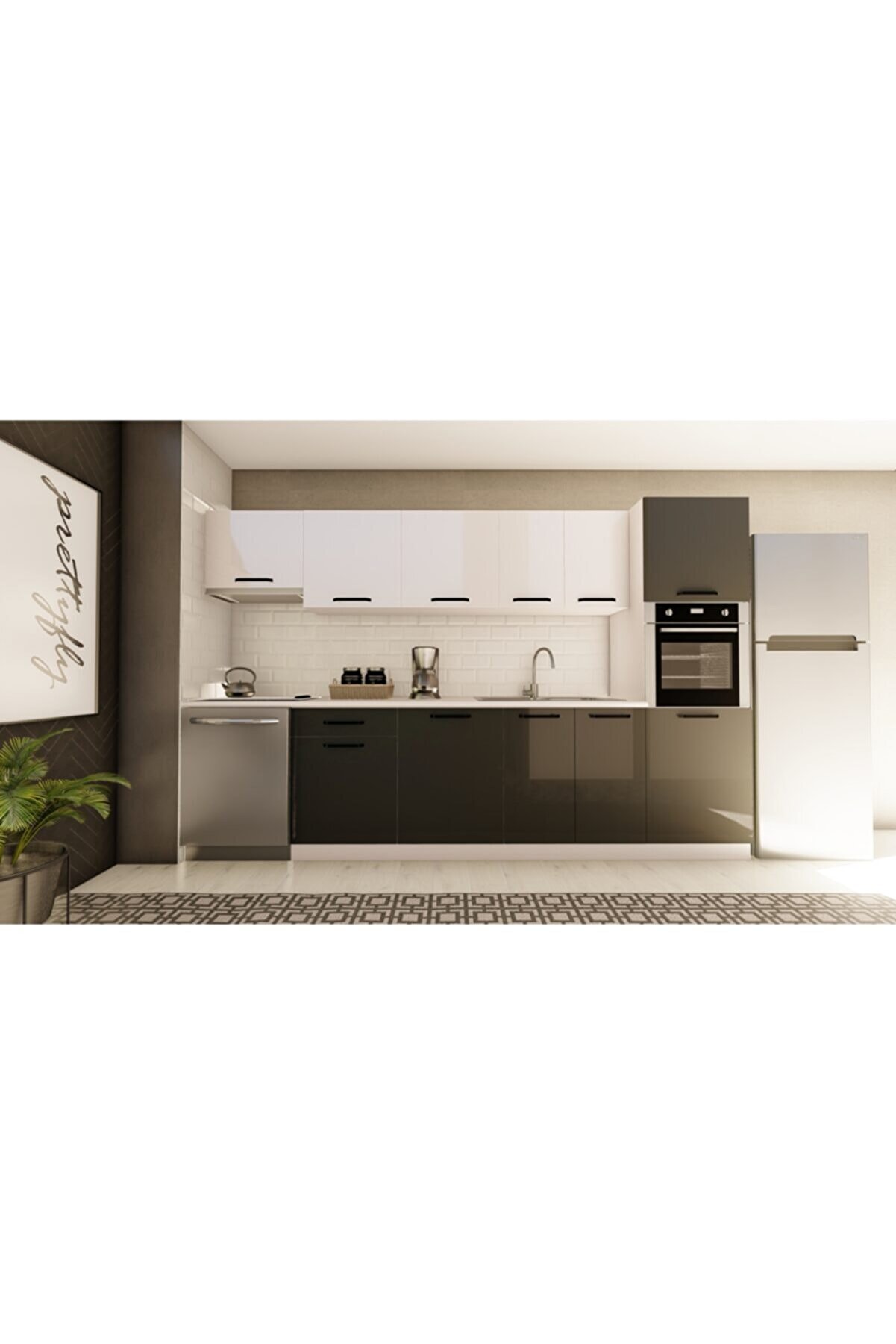 Vi̇sasconcept 320 Cm Aynur Hazır Mutfak Dolabı Aspi̇rat&ouml;r Ve Ankastre Ki̇ler Mod&uuml;ll&uuml; Parlak Beyaz Ve Antrasi̇t