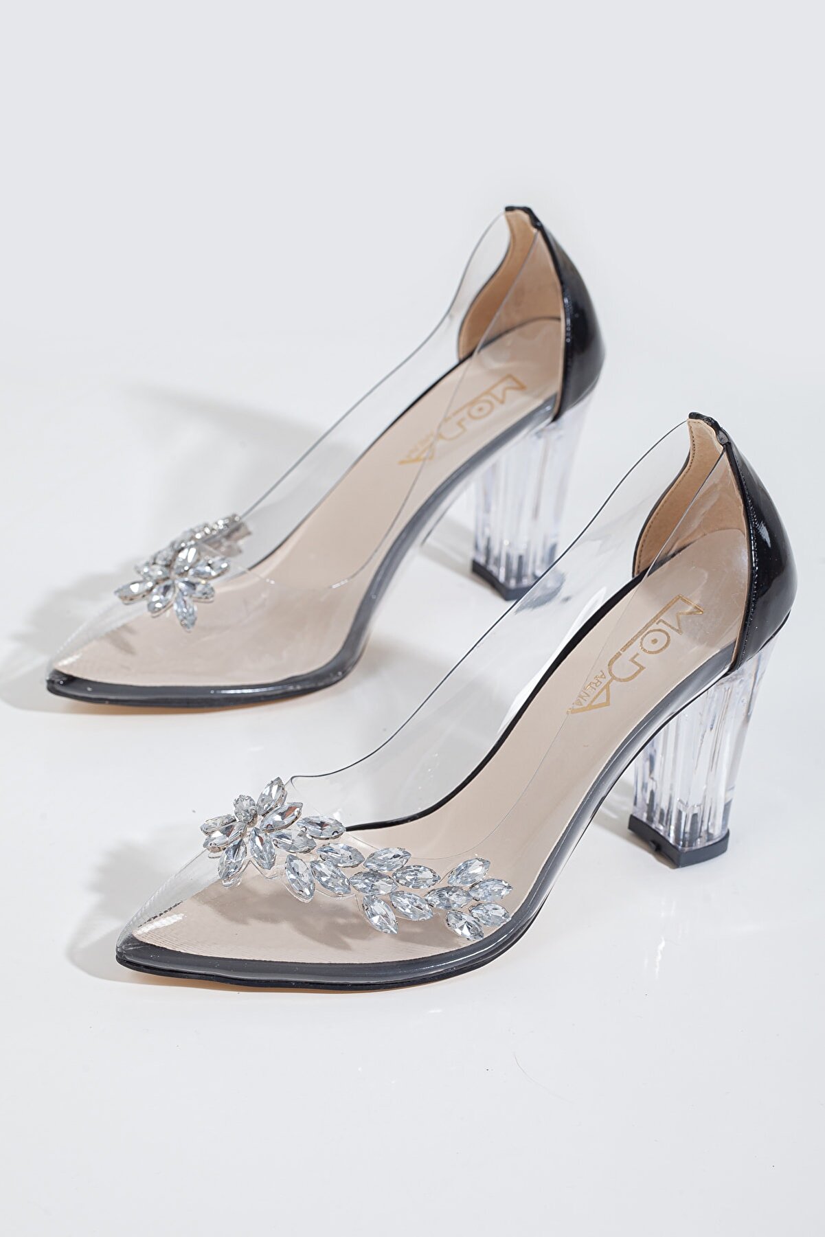 Gult Kadın Kalın Yüksek Şeffaf Topuklu Taşlı Si̇yah Sti̇letto