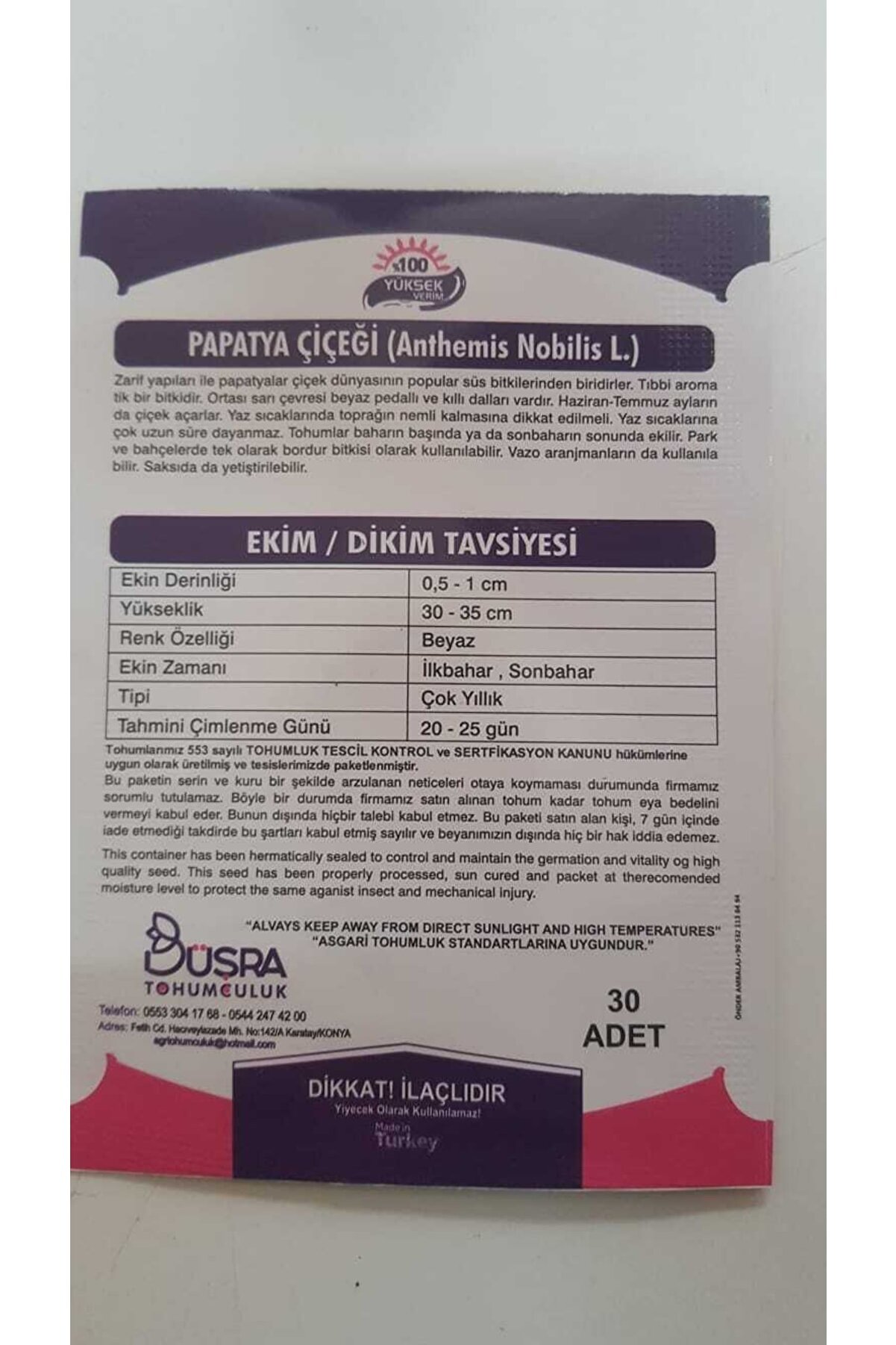 B&uuml;şra Papatya &Ccedil;i̇&ccedil;ek Tohumu %100 Veri̇mli̇