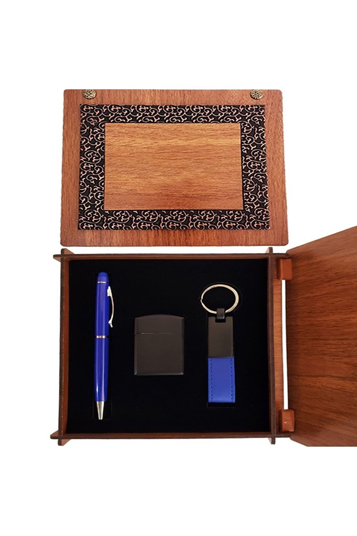 Ahşap Kutulu Çakmak Ve Mavi̇ Kalem Anahtarlık Set