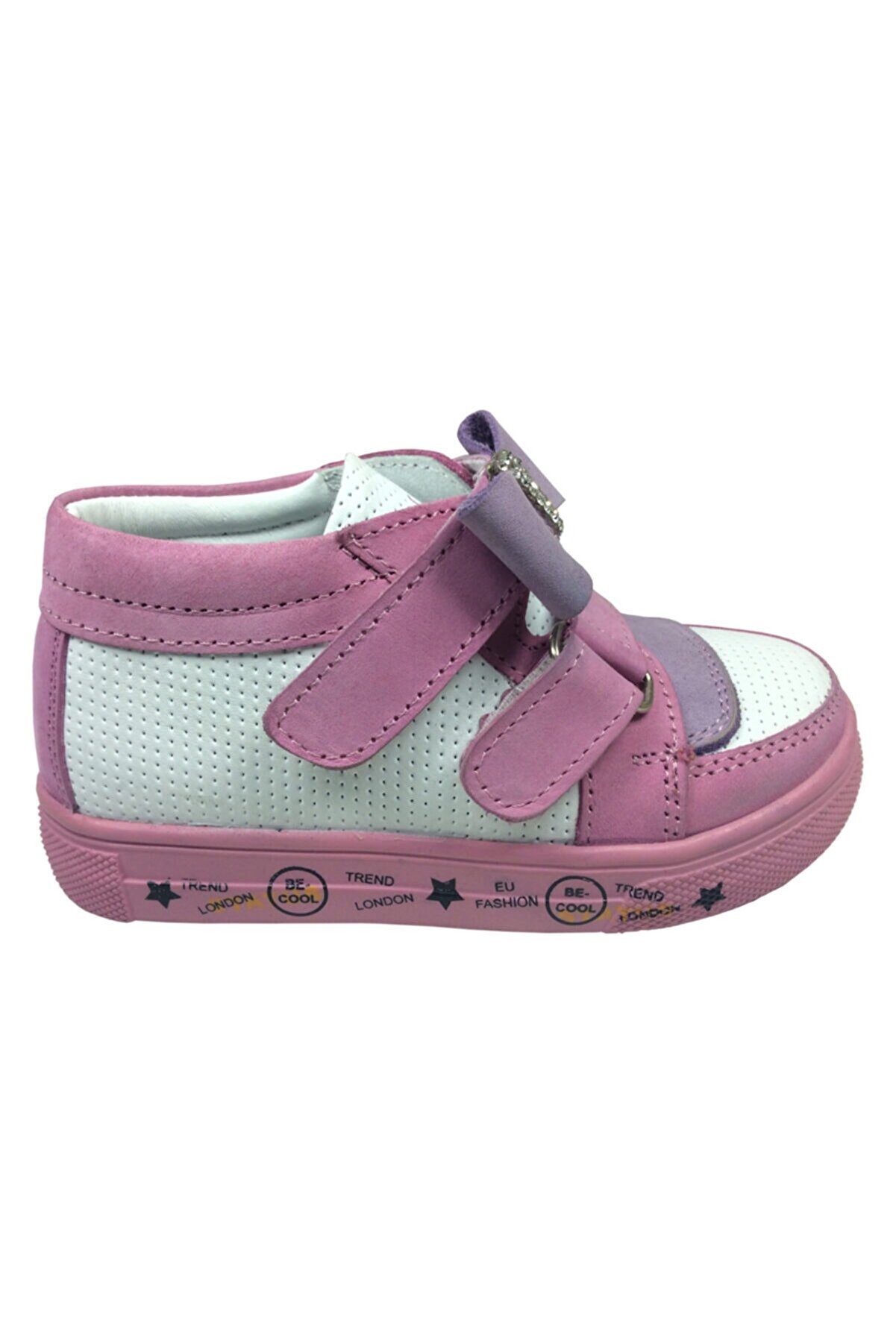 raduno Bebe Kız Çocuk Spor Ayakkabı Beyaz - Gül Kurusu - Lilalı Lila Taşlı Fiyonklu Cırtlı