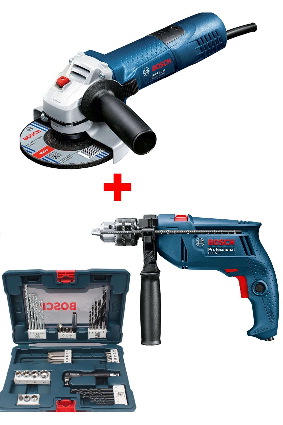 Bosch Profesyonel Avuç Taşlama Makinası Gws 7-115 + Darbeli Matkap Gsb 550 + 41 Parça Uç Seti