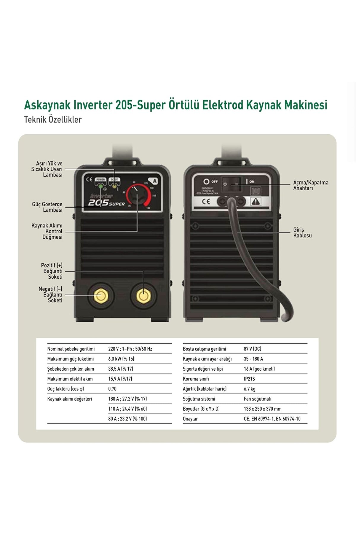 Askaynak 205 Inverter Kaynak Maki̇nası 180A + Maxstar Kaynak Maskesi̇ + Starli̇ne Kaynak Eldi̇veni̇