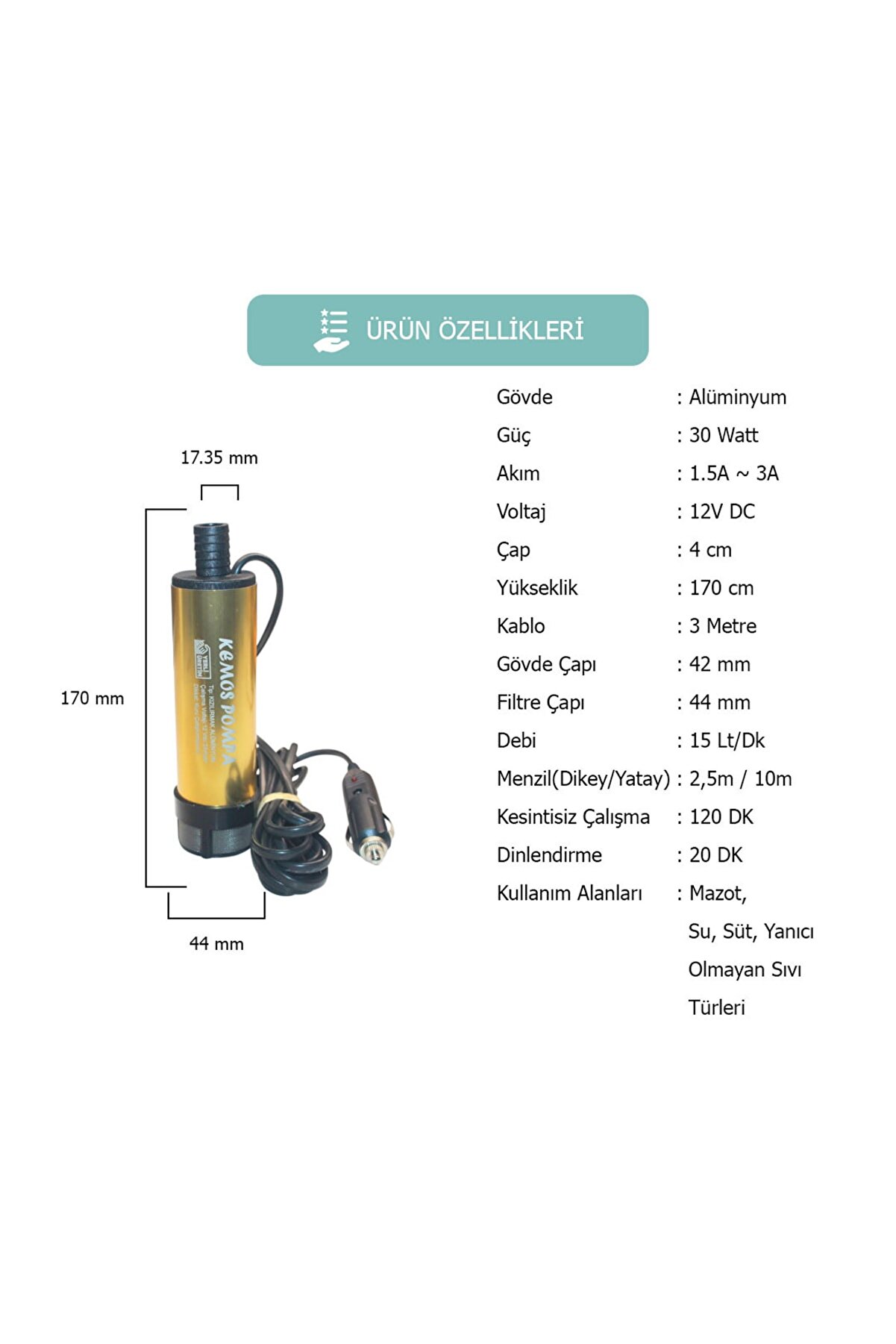Kemos Kızılırmak Çakmaklık Gi̇ri̇şli̇ 12 Volt Mazot Ve Sıvı Aktarma Pompası
