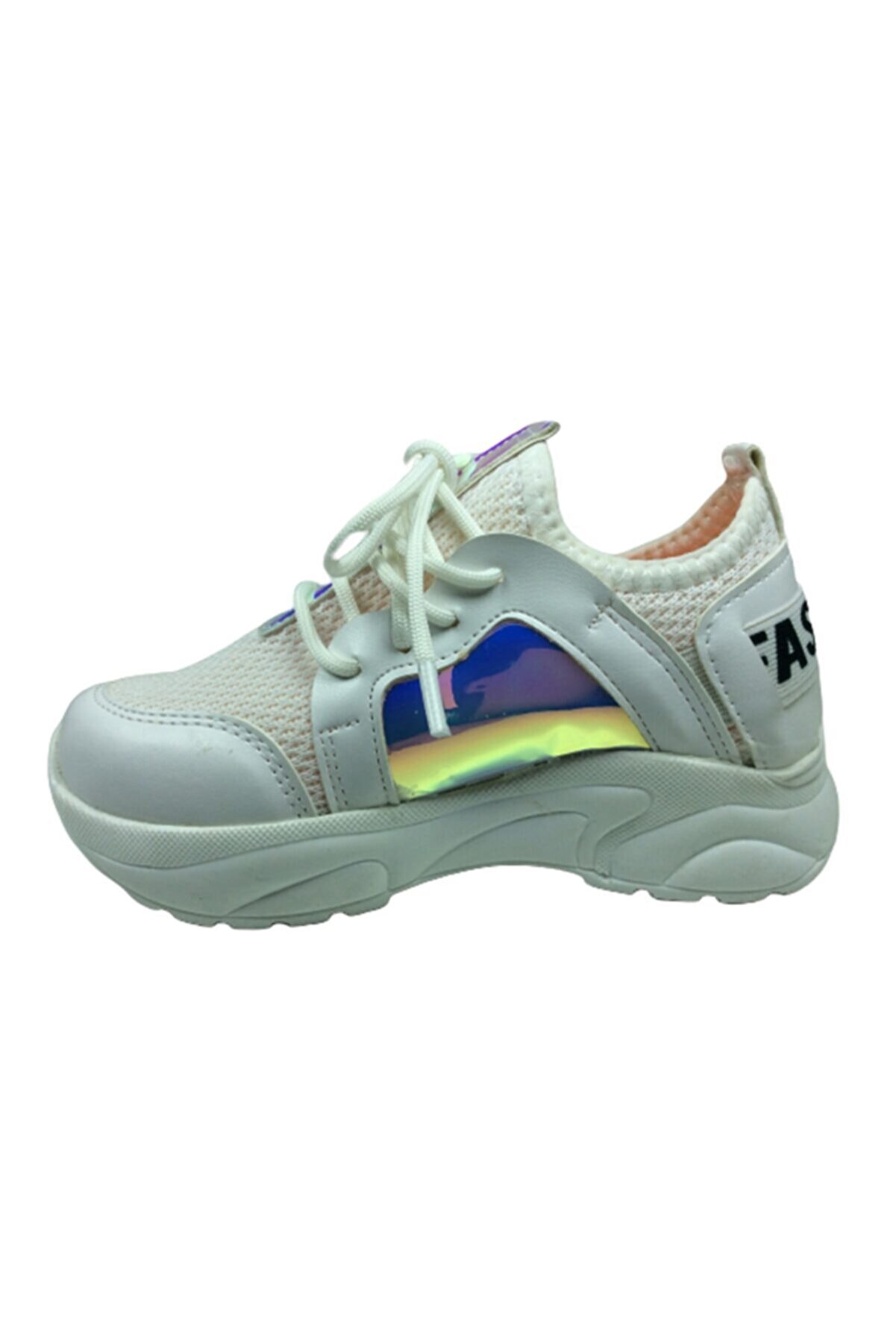 Pati̇k Beyaz Pembemsi̇ Hologramlı Kız Çocuk Günlük Spor Ayakkabı Bağcıklı Tri̇ko