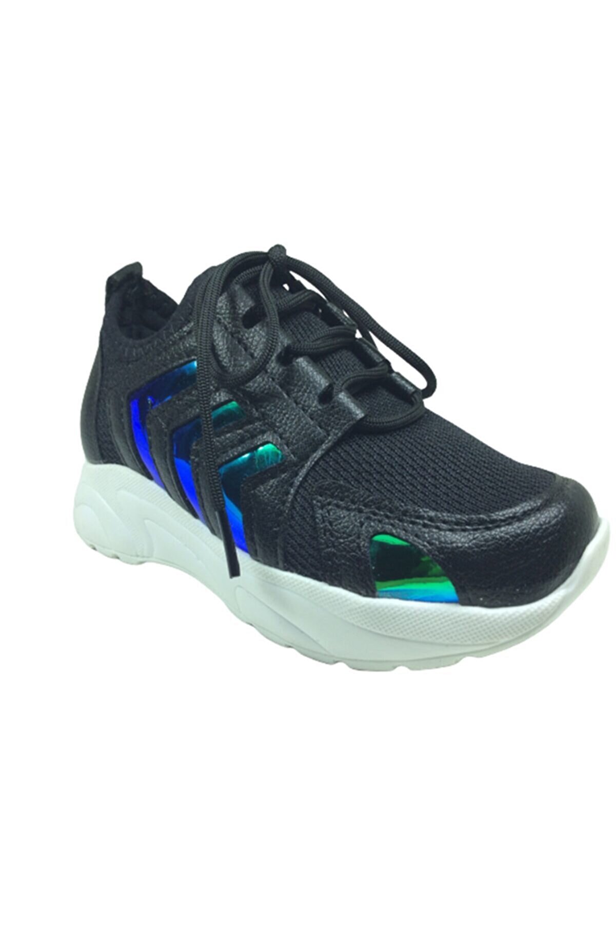 Pati̇k Si̇yah Mavi̇ Hologramlı Çavuş Desen Kız Çocuk Günlük Spor Ayakkabı Bağcıklı Tri̇ko