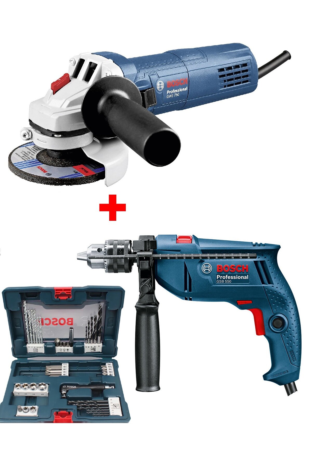 Bosch Avuç Taşlama Makinası Gws 750-115 + Darbeli Matkap Gsb 550 + 41 Parça Uç Seti