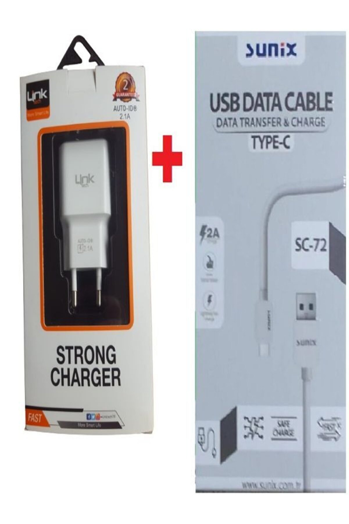 Li̇nk Şarj Adapt&ouml;r&uuml; Tech T444 Auto-Id &Ouml;zelli̇kli̇ 2.1A Ve Suni̇x Sc-72 Type-C 2A Şarj Data Kablosu