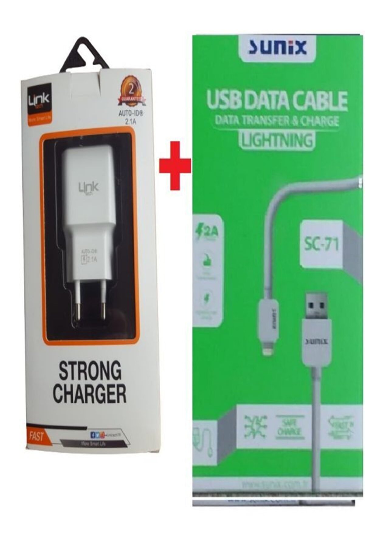 Li̇nk Şarj Adapt&ouml;r&uuml; Auto-Id &Ouml;zelli̇kli̇ 2.1A Ve Suni̇x Sc-71 Iphone 2A Şarj Data Kablosu