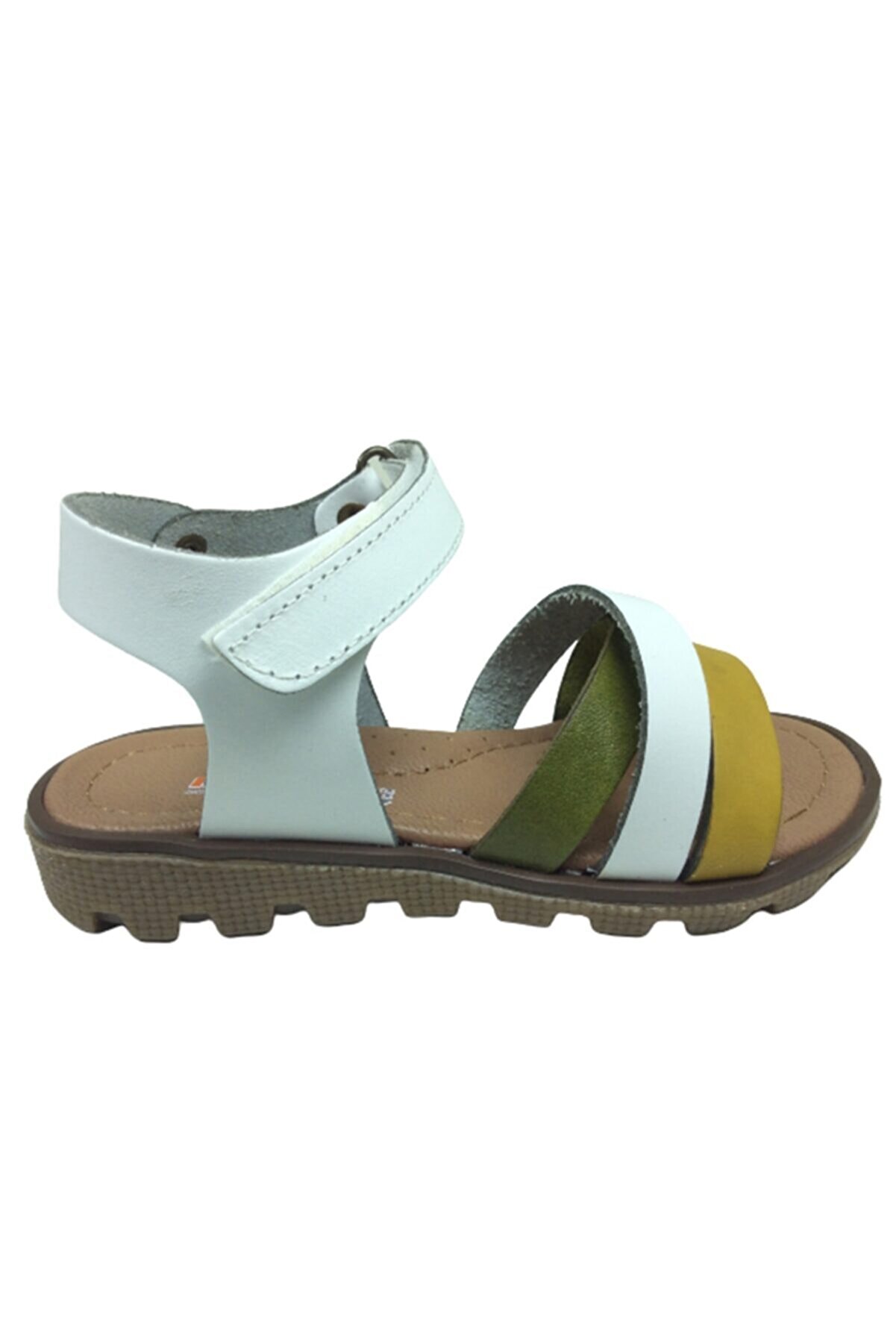 raduno Patik Kız Çocuk Sandalet Beyaz Önü Hardal Beyaz Yeşil Atkılı Bilekten Cırtlı Deri