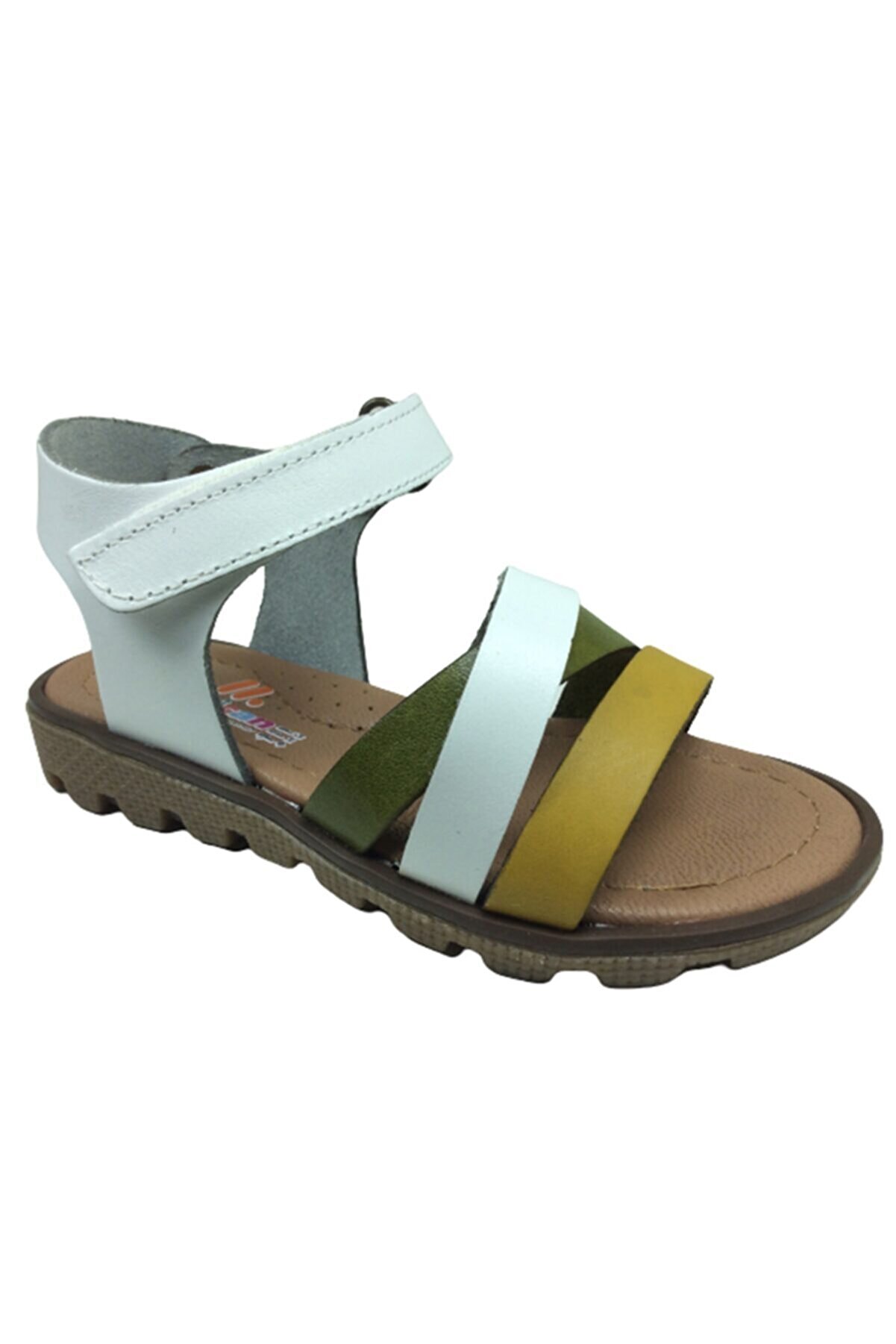 Pati̇k Kız Çocuk Sandalet Beyaz Önü Hardal Beyaz Yeşi̇l Atkılı Bi̇lekten Cırtlı Deri̇