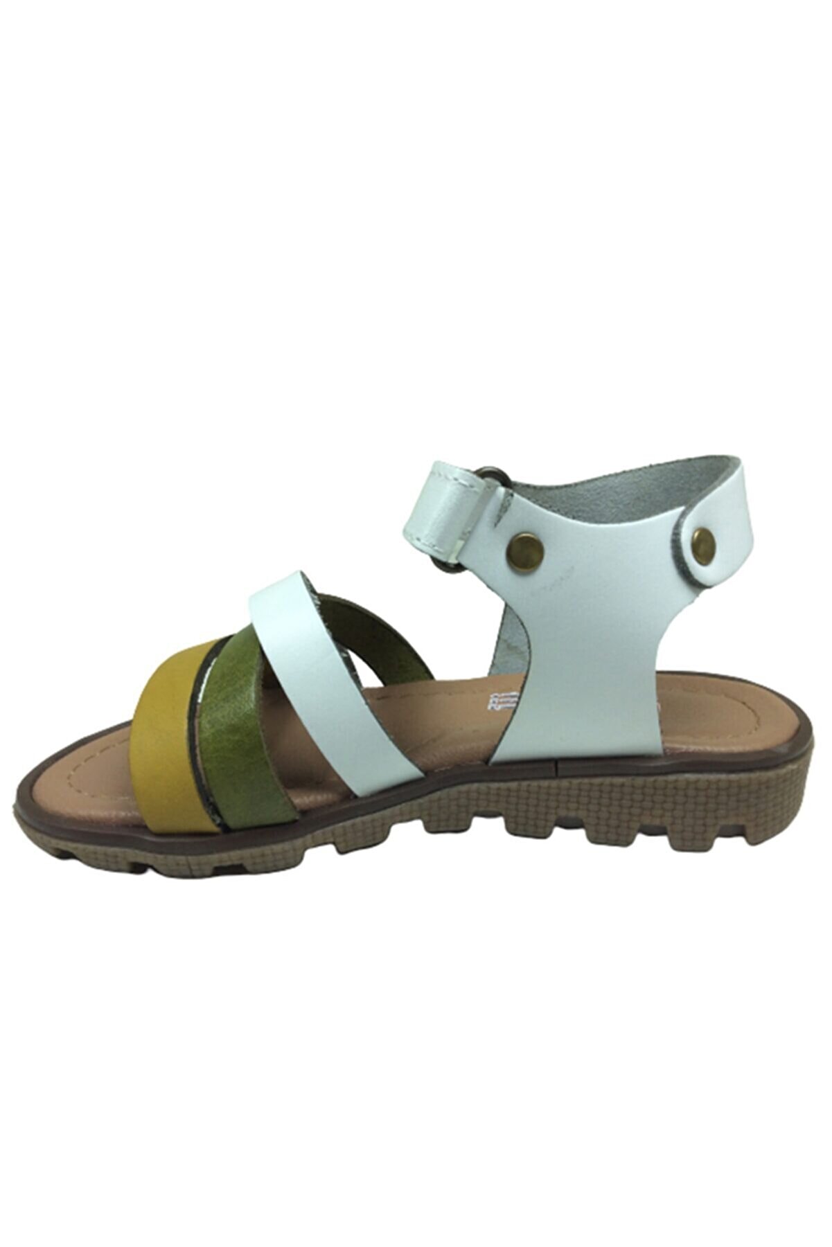 Pati̇k Kız Çocuk Sandalet Beyaz Önü Hardal Beyaz Yeşi̇l Atkılı Bi̇lekten Cırtlı Deri̇