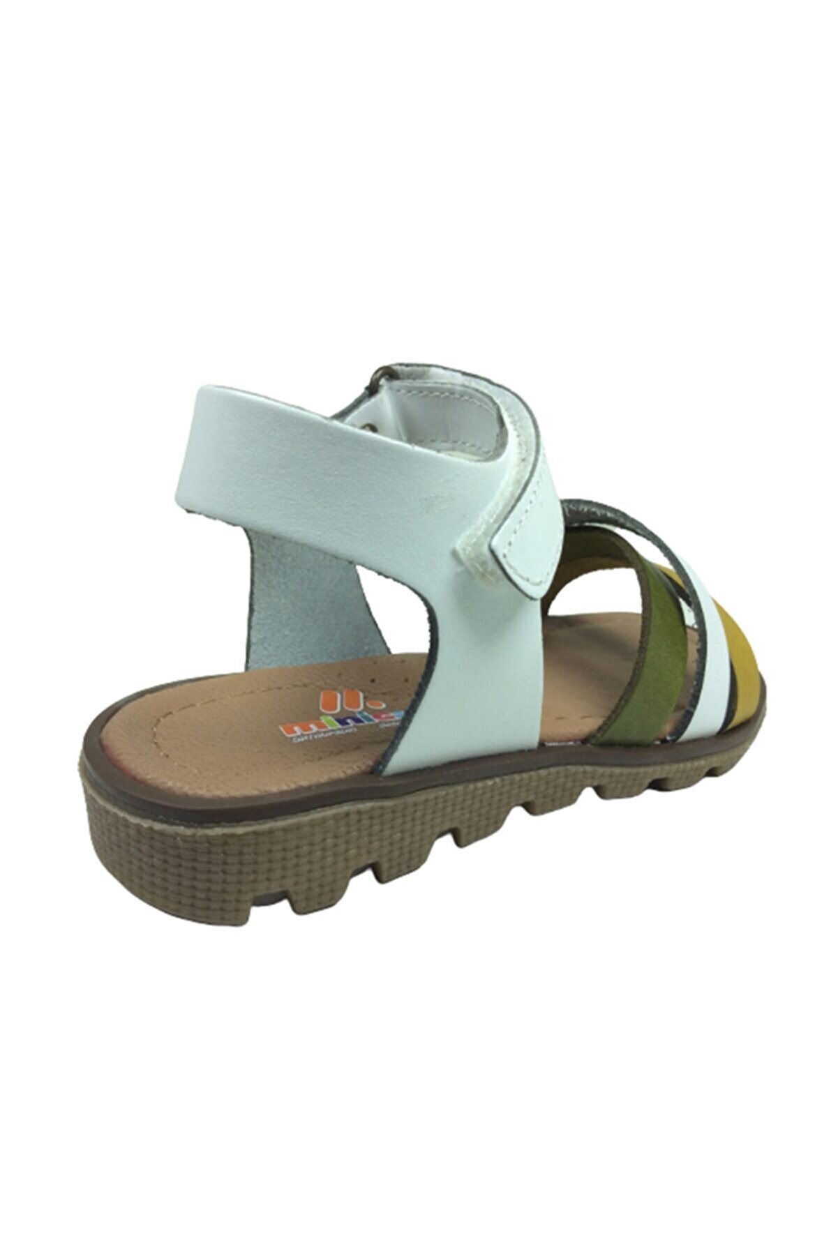 Pati̇k Kız Çocuk Sandalet Beyaz Önü Hardal Beyaz Yeşi̇l Atkılı Bi̇lekten Cırtlı Deri̇