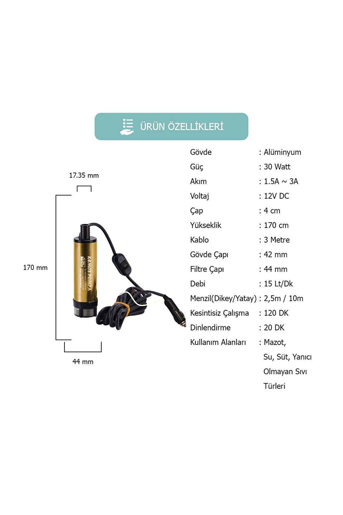 Kemos Kızılırmak 12 Volt Alümi̇nyum Dalgıç Ti̇pi̇ Sıvı Aktarma Pompası (Fi̇ltreli̇ + Arapuarlı + Çakmaklıklı)