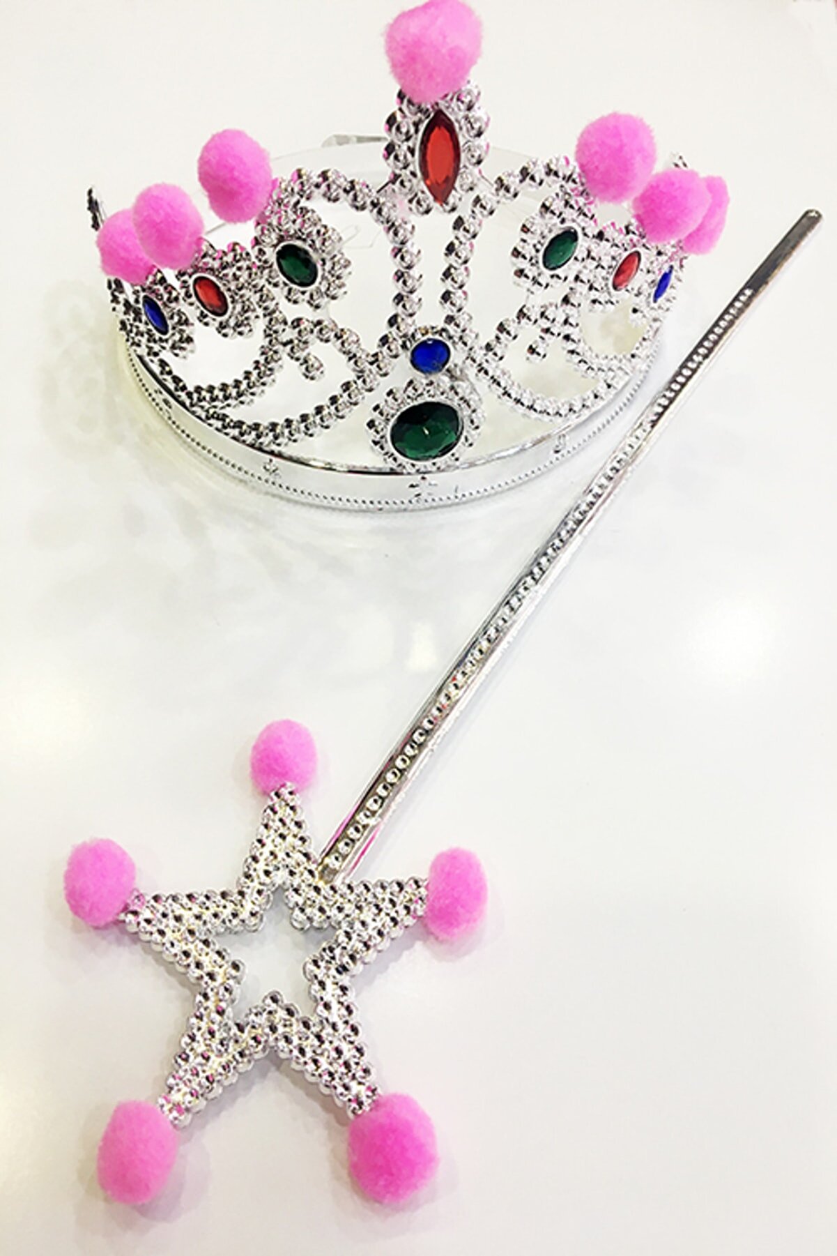 Go İthalat Pembe Ponponlu G&uuml;m&uuml;ş Renk Prenses Tacı Ve G&uuml;m&uuml;ş Renk Prenses Asası (4072)