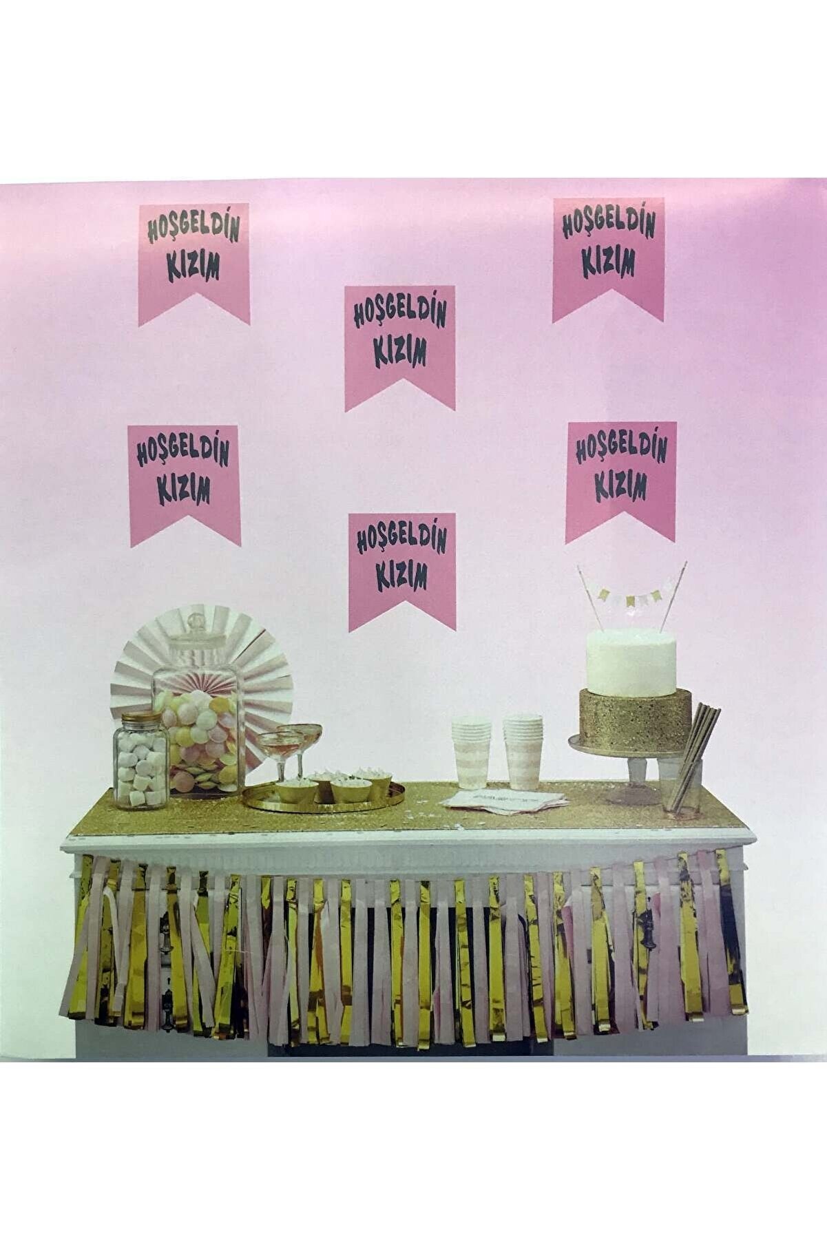 Go İthalat Pembe &Uuml;zeri̇ G&uuml;m&uuml;ş Renk Hoşgeldi̇n Kızım Bayrak S&uuml;s (4107)