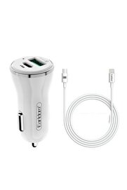  Araç Çakmaklık Şarj Başlığı 2 Usb 12-24V 18W Qc3.0+Pd Hızlı Şarj Aleti̇ Type-C Ios Kablo