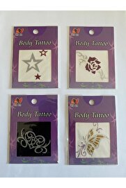Ai̇rbrush Tattoo Işıltılı Yapıştırma Dövmeler 4 Adet Bi̇rden Yıldız Gül Seri̇si̇