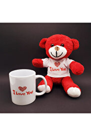 Evi̇mdeyokyok I Love You Baskılı Kupa Ve Kırmızı Ayıcık Seti̇