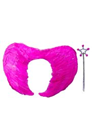 Go İthalat Gerçek Tüylü Katlanabi̇li̇r Çocuk Pembe Melek Kanadı Ve Asa Seti̇ 40X55 Cm (4457)