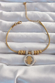 Tj 316L Çeli̇k Gold Renk Zi̇rkon Taş Aksesuarlı Fatma Ana Eli̇ Bi̇lekli̇k Tj-Bb6233