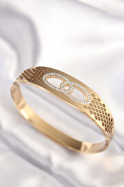 Tj 316L Çeli̇k Gold Renk Zi̇rkon Taşlı Kadın Kelepçe Bi̇lezi̇k Tj-Bb6022