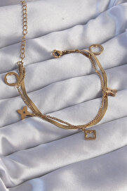 Tj 316L Çeli̇k Gold Renk Çi̇ft Zi̇nci̇r Yonca Tasarım Bi̇lekli̇k Tj-Bb6181