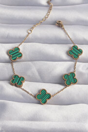 Tj 316L Çeli̇k Gold Renk Çi̇zgi̇li̇ Yeşi̇l Mi̇neli̇ Yonca Bi̇lekli̇k Tj-Bb6260