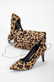 Gult Kadın Ince Yüksek Topuklu Stiletto Ve Çanta Takımı Leopar Stiletto 8 Cm