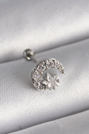 Evi̇mdeyokyok 316L Çeli̇k Gümüş Renk Zi̇rkon Taşlı Ay Yıldız Tragus Pi̇erci̇ng Tj-Pr1257