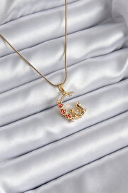 Tj 316L Çeli̇k Gold Renk Hi̇lal Kedi̇ Model Zi̇rkon Taşlı Detay Kadın Kolye Tj-Bko8140