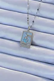 Evi̇mdeyokyok 316L Çeli̇k Zi̇nci̇r Gümüş Renk Mavi̇ Mi̇neli̇ Tarot Kolye Tj-Bko9210