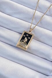 Evi̇mdeyokyok 316L Çeli̇k Zi̇nci̇r Renk Zi̇rkon Taşlı Si̇yah Mi̇neli̇ Kız Fi̇gürlü Tarot Kolye Tj-Bko9227