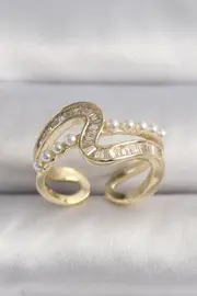 Evi̇mdeyokyok Pi̇ri̇nç Gold Renk Zi̇rkon Taşlı İnci̇ Detay Vıp Seri̇ Kadın Yüzük Tj-Byk3512