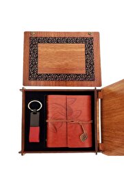evimdeyokyok Dekoratif Ahşap Kutulu Kahverengi Deri Defter ve Anahtarlık Set