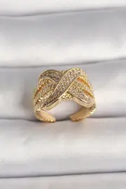 Evi̇mdeyokyok Pi̇ri̇nç Gold Renk Ayarlanabi̇li̇r Zi̇rkon Taşlı X Model Kadın Yüzük - Tj-Byk3601