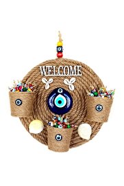 evimdeyokyok Üç Saksılı Welcome Yazılı Deniz Kabuklu Nazar Boncuklu Hasır Kapı Süsü