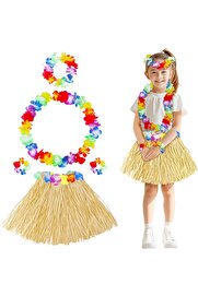Evi̇mdeyokyok Yeti̇şki̇n Çocuk Hawai̇i̇ Parti̇ Seti̇ - 40 Cm Naturel Etek + Çi̇çek Aksesuarlar (5 Parça)